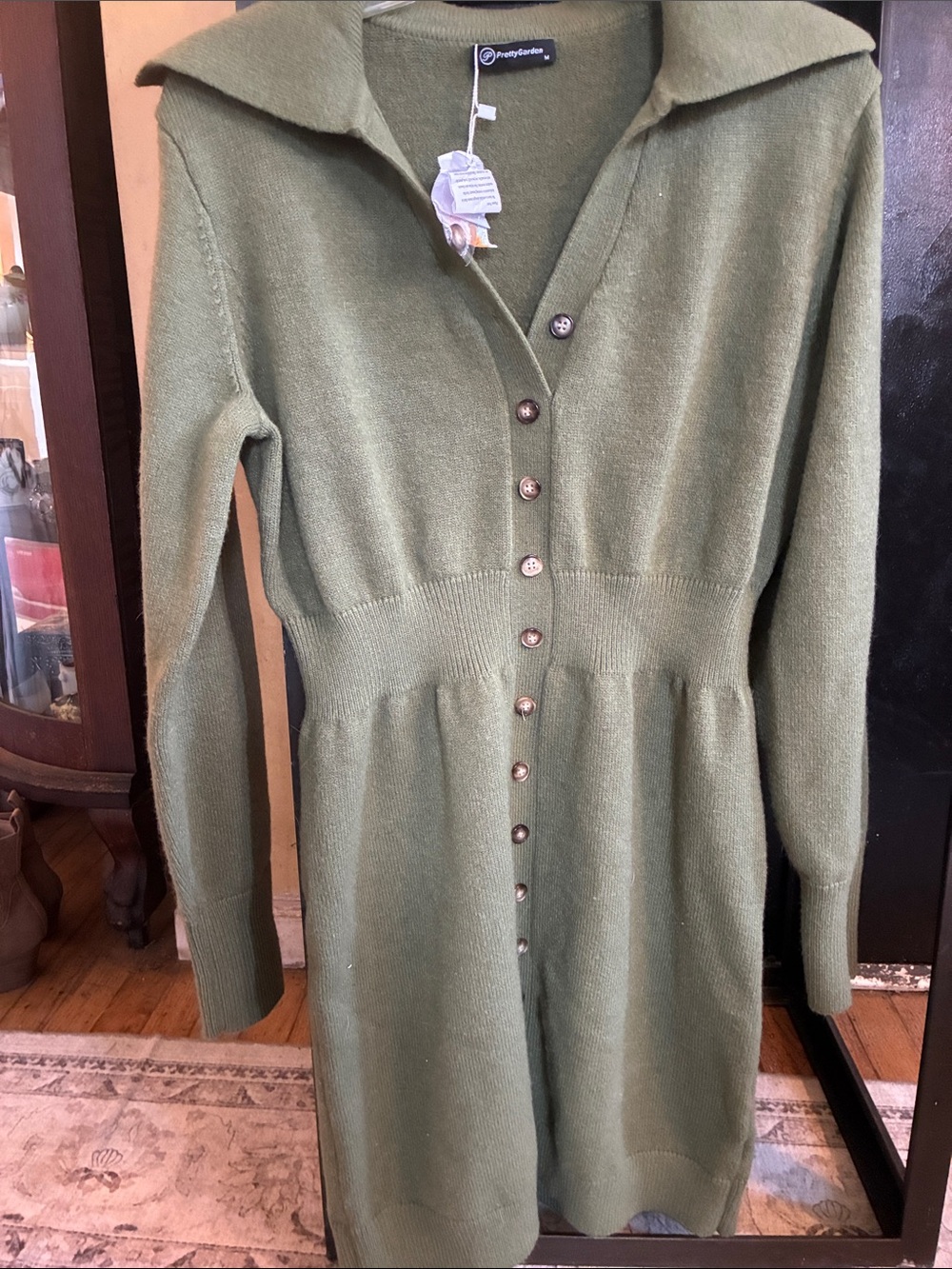 Pretty Garden Sweater Dress Olive Green Long Sleeve Short Length M NWT